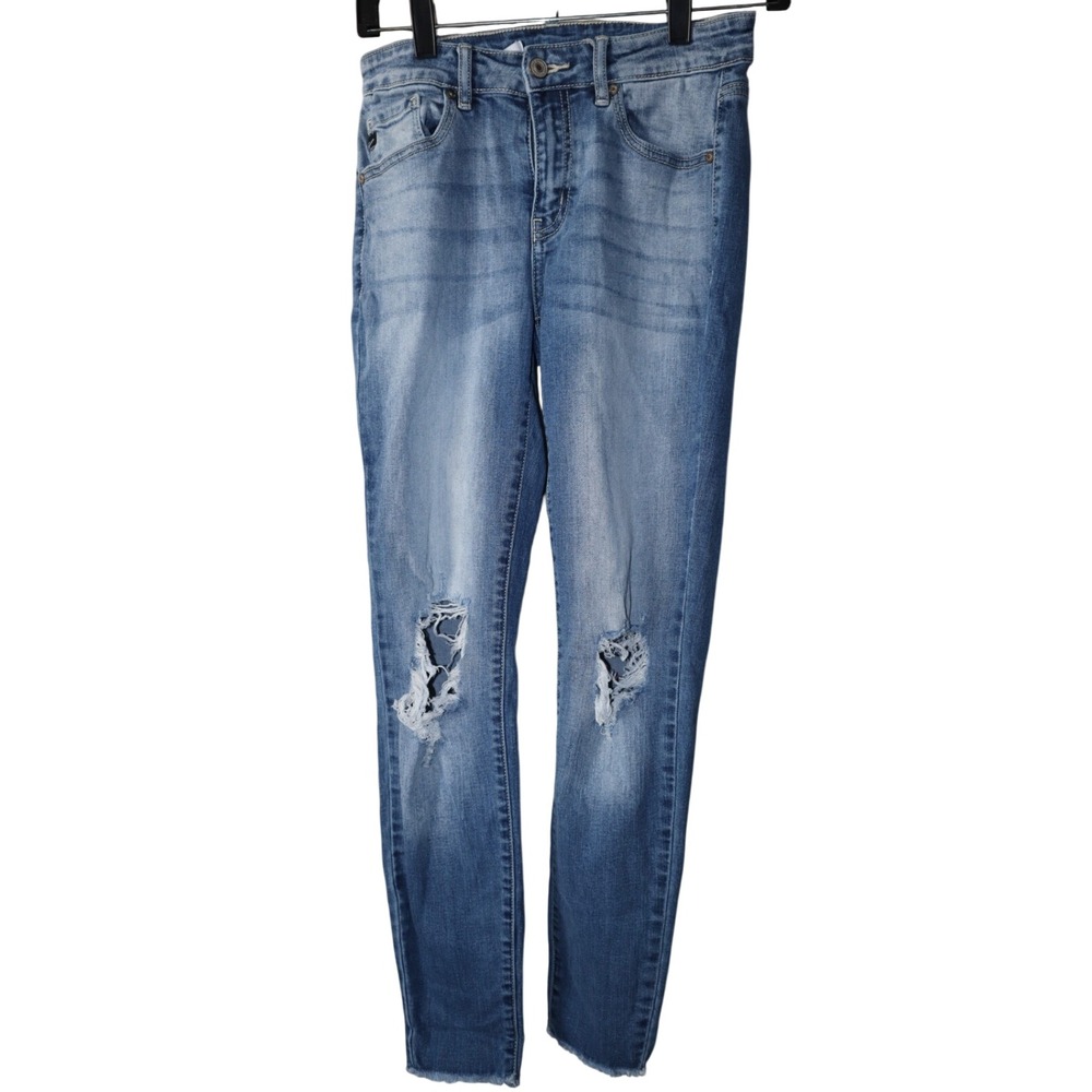 Kancan Cassandra Mid Rise Skinny Jeans Distressed Knees 5/26‎ New RawHem